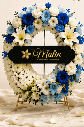 Fresh flower wreath, blue and white tones