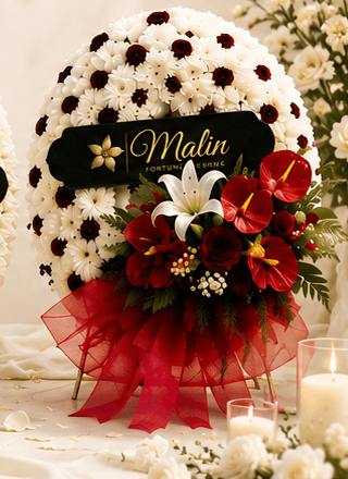 Fresh flower wreath, white and red tones